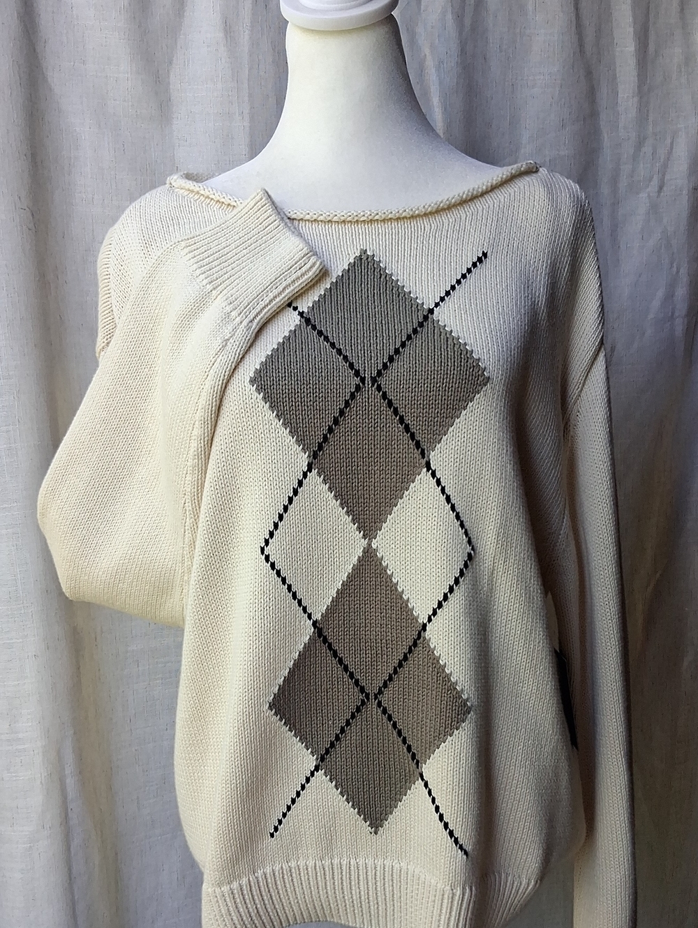1. State Argyle Sweater Cream Knit M 100% Cotton